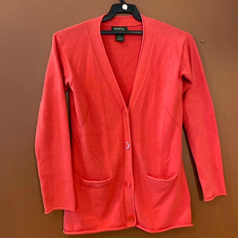 Eddie Bauer ladies coral coloured cardigan size small.